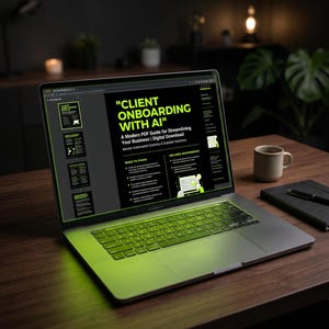 May include: A silver laptop displaying a digital PDF guide titled CLIENT ONBOARDING WITH AI on its screen. The screen features black backgrounds with bright green text, bullet points, and icons, showcasing a modern layout for business systems.