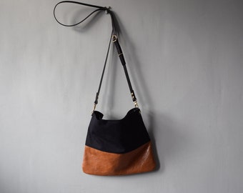 Leather canvas crossbody bag - FLOTTA - Adjustable leather cross body strap, zip option, day shoulder bag travel bag by Holm