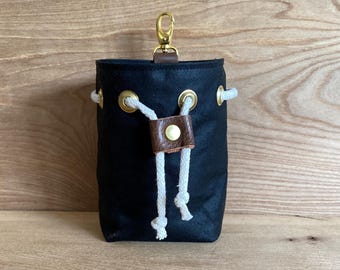 Waxed Canvas Dog Treat Pouch: Waterproof Training Bag, Black with brown leather