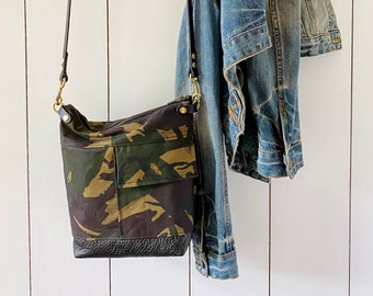 Crossbody bag - INCH - Green camouflage waxed canvas  - waterproof zipped shoulder purse adjustable leather crossbody strap made byHOLMgoods