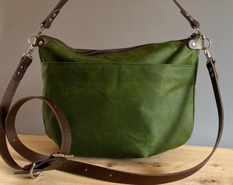 Green Waxed Canvas CrossBody Bag - NEVIS - Large size - Exterior Pocket Adjustable Brown Leather Shoulder Strap Day Purse by Holm
