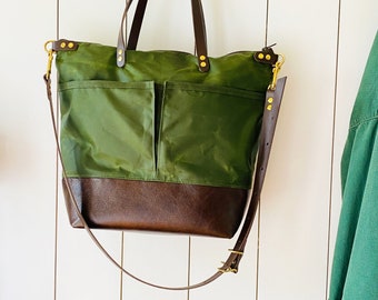 Large Waxed Tote Bag, Wax Canvas with Leather Base Grab Handles and Optional Crossbody Strap Expertly HANDCRAFTED by Anna Holm of HOLMgoods