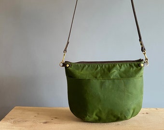 Green Waxed Canvas Cross Body Bag - NEVIS - Standard size - Exterior Pocket Adjustable Leather Shoulder Strap Day Purse by Holm