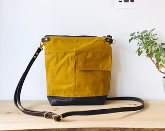 Stylish Ochre Yellow Waxed Canvas Crossbody Bag - Waterproof Zipped Shoulder Purse with Adjustable Leather Strap handcrafted by HOLMgoods