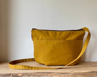 VEGAN Wax Canvas Cross Body Bag - NEVIS - Standard size - Ochre mustard yellow shoulder purse Exterior Pocket Adjustable by Holm