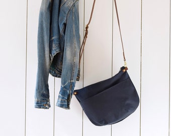 Zip Top  Waxed Canvas Cross Body Bag - NEVIS -  Navy Blue - Adjustable Leather Shoulder Bag Leather Shopper Bag by Holm goods