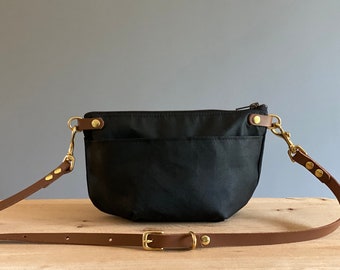 Small crossbody bag BLACK waxed canvas - NEVIS - zip closure waterproof leather strap canvas lightweight compact travel bag by HOLMgoods