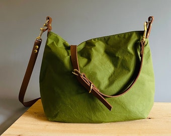 ARRAN waxed canvas large bucket bag in Forest Green with adjustable tan leather straps by HOLMgoods