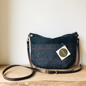 Navy Blue Tweed Waxed Canvas Cross Body Bag - NEVIS - Standard size - Exterior Pocket Adjustable Leather Shoulder Strap Day Purse by Holm