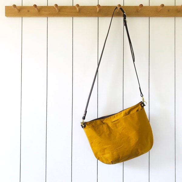Mellow Yellow Canvas Cross Body Bag - NEVIS - Large size - Exterior Pocket Adjustable Brown Leather Shoulder Strap Day Purse by Holm