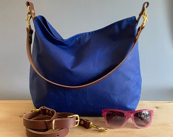 Large sling shoulder bag for women adjustable leather crossbody straps, cobalt blue wax canvas hobo everyday purse, spacious stylish handbag