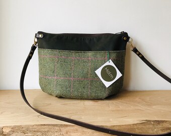 Green Tweed and Canvas Cross Body Bag - NEVIS - Standard size - Exterior Pocket Adjustable Leather Shoulder Strap Day Purse by Holm