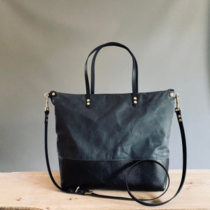 BEST seller - SKYE - Grey Waxed canvas and Black leather work tote bag Unisex Ideal overnight bag large enough for laptop made by HOLMGOODS