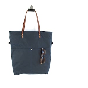 Waxed CANVAS Utility Tote Bag - Navy Blue - MAREE - Cross Body Purse Adjustable Leather Shoulder Strap Market Shopper Bag by Holm