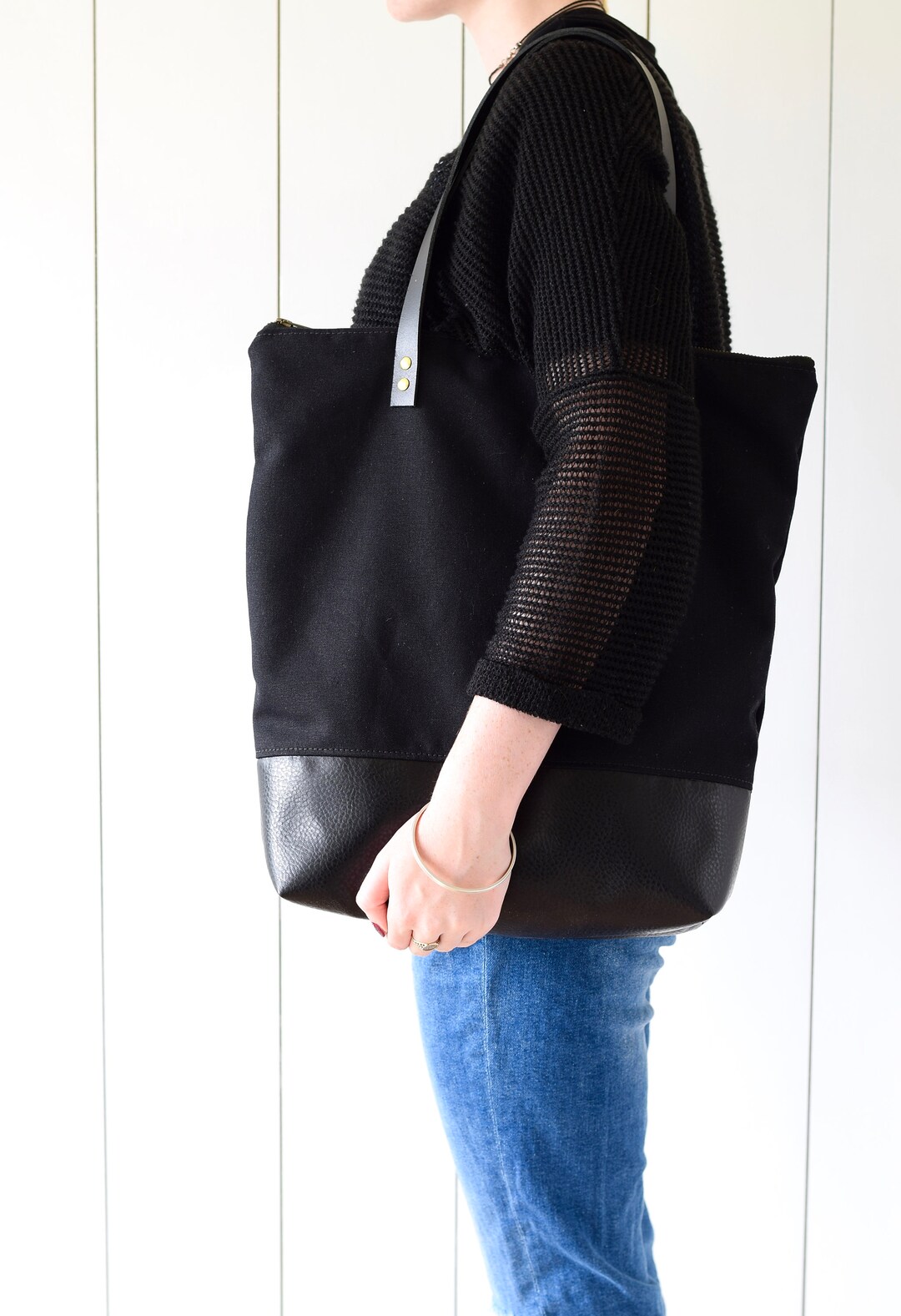 Large Black Tote Work Bag, Waterproof Waxed Canvas and Italian Leather — free download