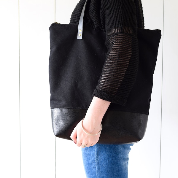 Large black tote bag, great market bag,  waterproof canvas, full zipper, strong leather shoulder straps, perfect for work, school, shopping