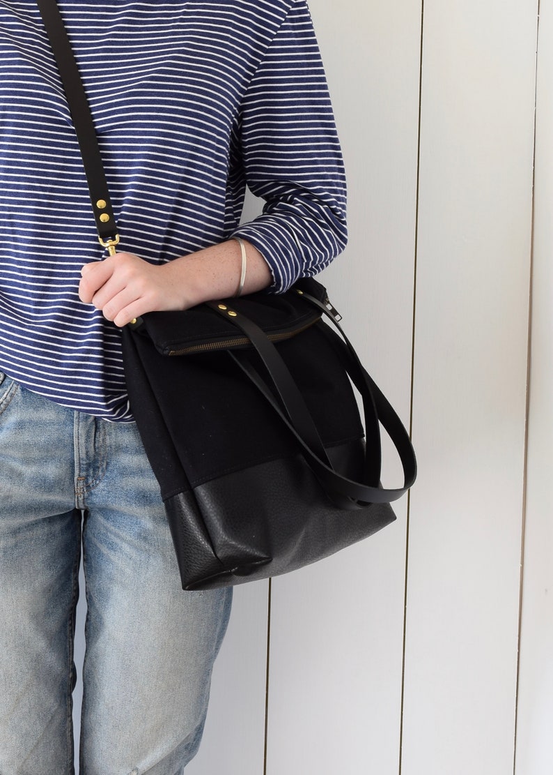 Fold Over Crossbody Black Shoulder Bag Canvas and Leather Etsy Canada