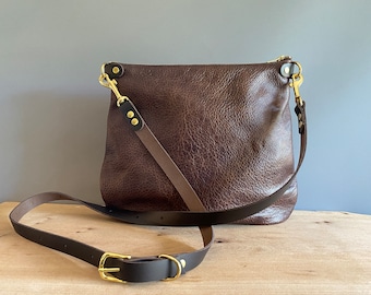 Large Soft Leather Crossbody Purse GRAND SIZE Walnut Brown, Adjustable Strap, Casual Everyday Dumpling Bag Anniversary Gift personalised