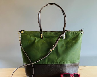Womens Large Tote Waxed Canvas and Leather Work Spacious Shoulder Bag. Ideal Overnight Carry All Bag Waterproof Oilskin Properly Handmade