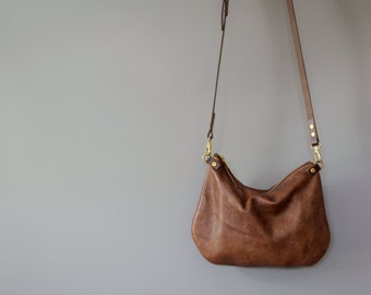 minimalist leather crossbody DAY bag - ISLA - Walnut Brown adjustable leather strap shoulder purse - optional leather tassel by holm goods