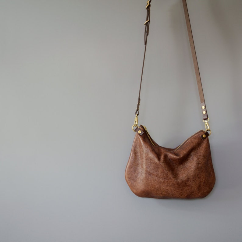 minimalist leather crossbody DAY bag ISLA Walnut Brown adjustable leather strap shoulder purse optional leather tassel by holm goods image 1