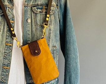 crossbody cell phone bag -COLL- compact purse with adjustable leather strap made by holmgoods waxed canvas small bag in yellow ochre