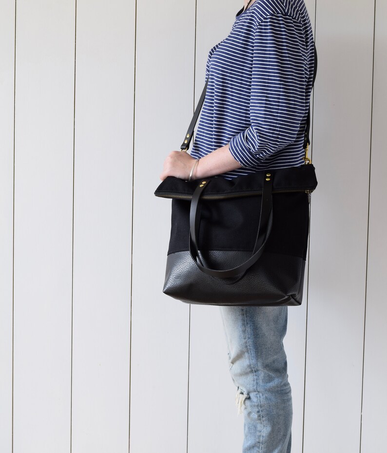 Fold Over Crossbody Black Shoulder Bag Canvas and Leather Etsy Canada