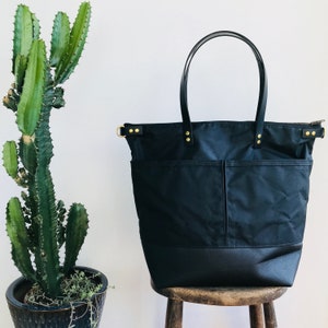 Large Canvas Leather Tote Bag / diaper work travel tote for him and her Black LEWIS Waterproof Waxed  flight carry on tote