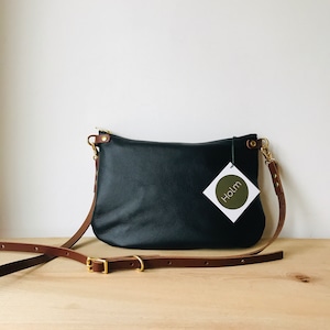 leather crossbody bag - ISLA handy BAG - Black leather shoulder purse with adjustable Tan leather strap - by HOLM goods minimal design