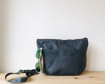 VEGAN Waxed Canvas Cross Body Bag - NEVIS - Standard size - Grey wax shoulder purse Exterior Pocket Adjustable  by Holm