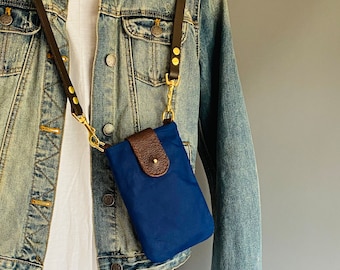 cell phone purse crossbody - COLL -  mobile phone bag with adjustable leather strap in Cobalt Blue waxed canvas made by HOLMgoods