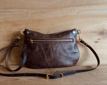 Soft Leather Crossbody Bag with Exterior Pocket HANDY SIZE Walnut Brown, Adjustable Strap, Casual Easy to Wear Everyday Dumpling Bag