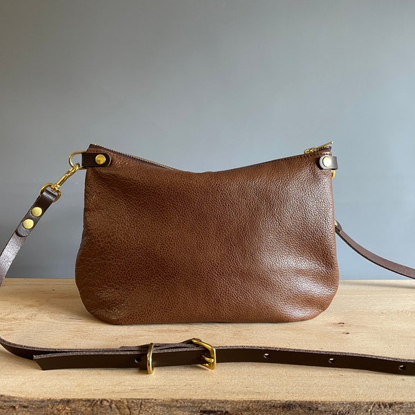 leather crossbody purse - ISLA HANDY BAG - Oak Brown adjustable leather strap, casual easy to wear everyday bag