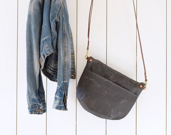 Large Grey Waxed Canvas Cross Body Bag - NEVIS - Exterior Pocket Adjustable Leather Shoulder Strap Day Purse by Holm goods