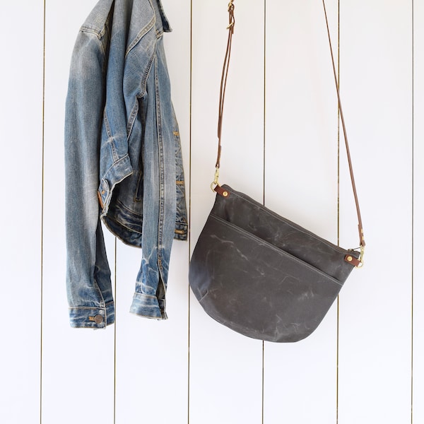 Large Grey Waxed Canvas Cross Body Bag - NEVIS - Exterior Pocket Adjustable Leather Shoulder Strap Day Purse by Holm goods