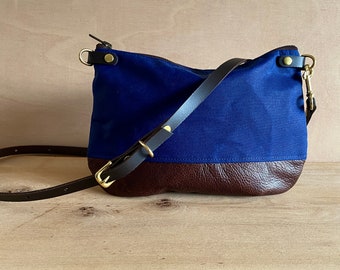 Crossbody bag - ISLA handy BAG - Brown leather and cobalt blue waxed canvas shoulder purse for women adjustable leather strap by HOLM goods