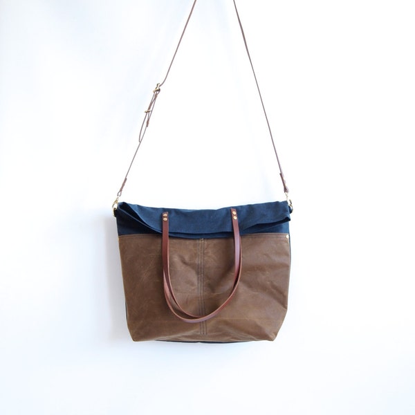 Fold Over Waxed CANVAS Crossbody tote with LEATHER Straps  - Navy and Tan MAREE - Cross Body Adjustable Leather Shoulder Bag