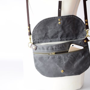 Grey waxed canvas Hip bag / Waist Bag / Belt Bag / Waterproof Bag / Festival Bag / adjustable leather strap / optional cross body strap image 10