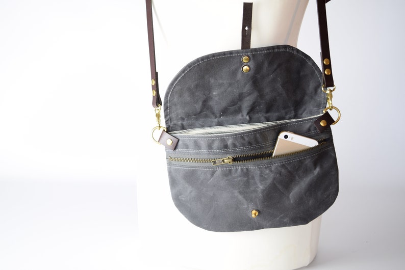 Grey waxed canvas Hip bag / Waist Bag / Belt Bag / Waterproof Bag / Festival Bag / adjustable leather strap / optional cross body strap image 10