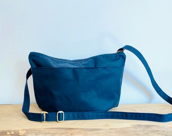 VEGAN Waxed Canvas Cross Body Bag - NEVIS - STANDARD size - Navy Blue wax shoulder purse Exterior Pocket Adjustable strap by Holm