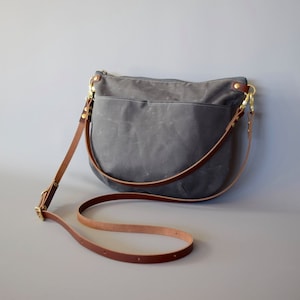 Grey Waxed Canvas Cross Body Bag NEVIS Medium Standard size Exterior Pocket Adjustable Leather Shoulder Strap Day Purse by Holm image 3