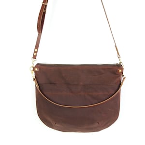 Canvas Cross Body Bag - NEVIS -  Rich Brown - Zip Top Waxed Canvas Purse Adjustable Leather Shoulder Bag by Holmgoods