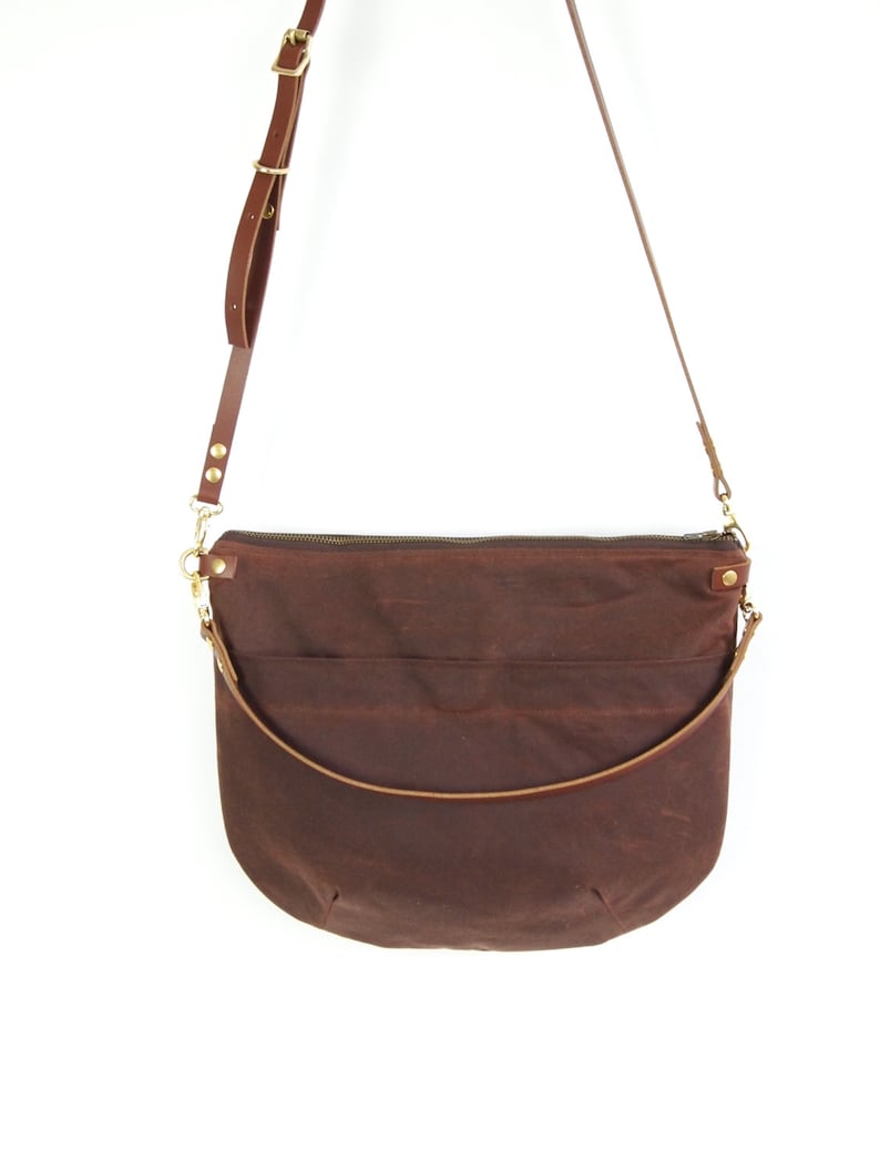 Canvas Cross Body Bag NEVIS Rich Brown Zip Top Waxed Canvas Purse Adjustable Leather Shoulder Bag by Holmgoods image 1