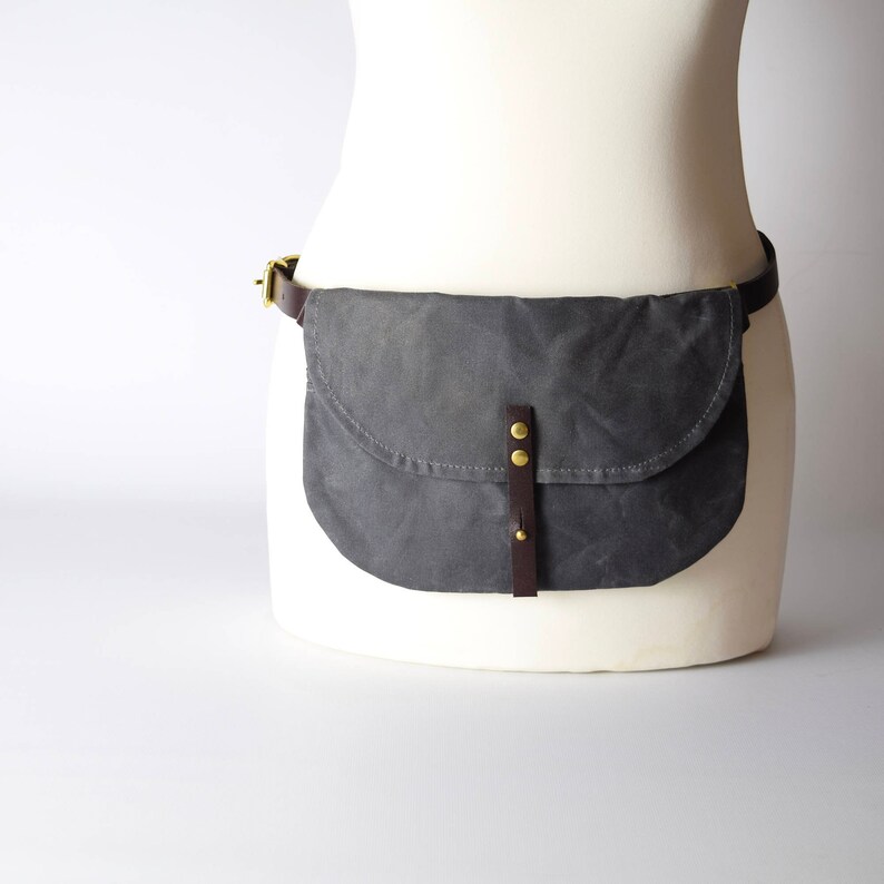 Grey waxed canvas Hip bag / Waist Bag / Belt Bag / Waterproof Bag / Festival Bag / adjustable leather strap / optional cross body strap image 2
