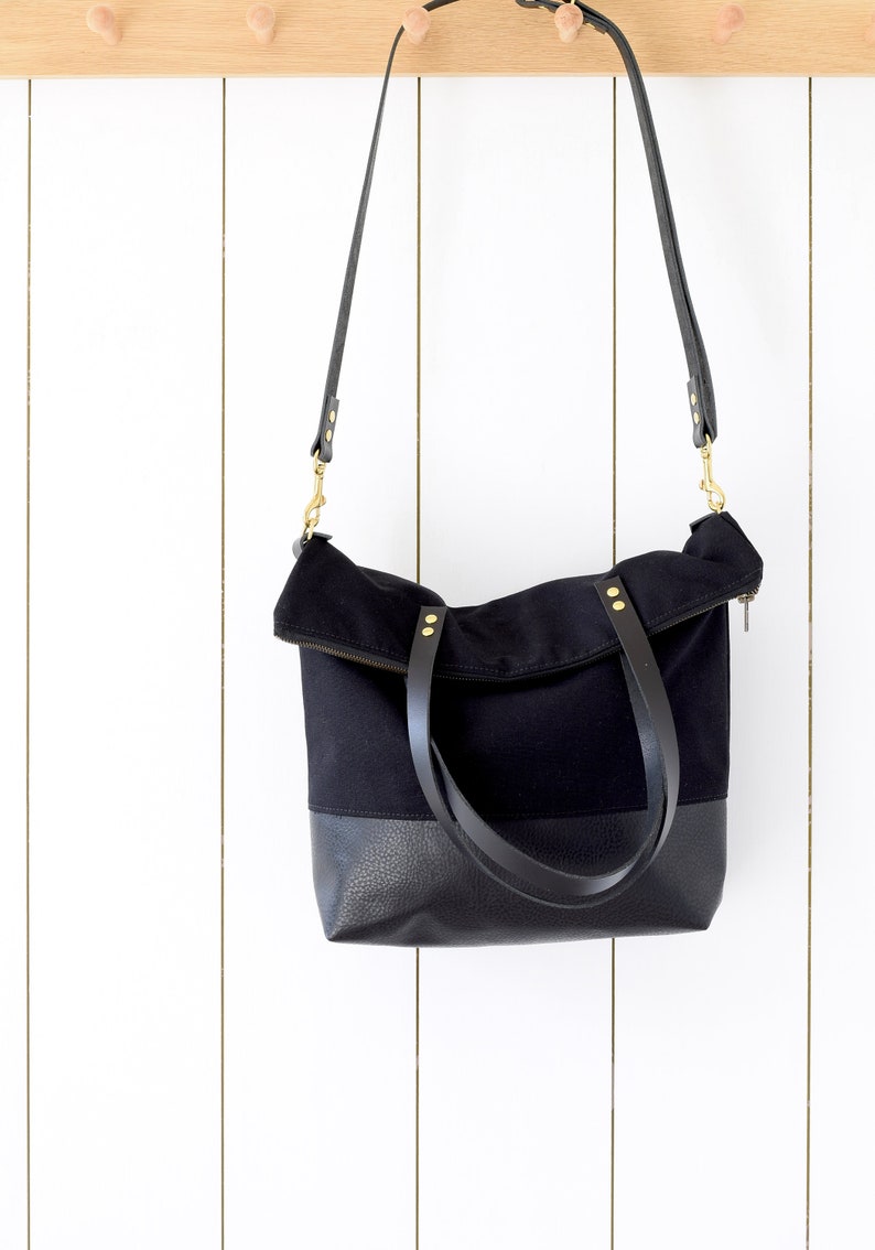 Fold Over Crossbody Black Shoulder Bag Canvas and Leather Etsy Canada