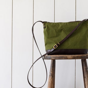 waxed canvas crossbody bag -  minimal design adjustable leather strap - leather base