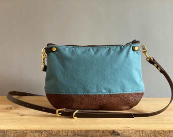 Crossbody bag - ISLA handy BAG - Brown leather and slate blue waxed canvas shoulder purse for women adjustable leather strap - by HOLM goods