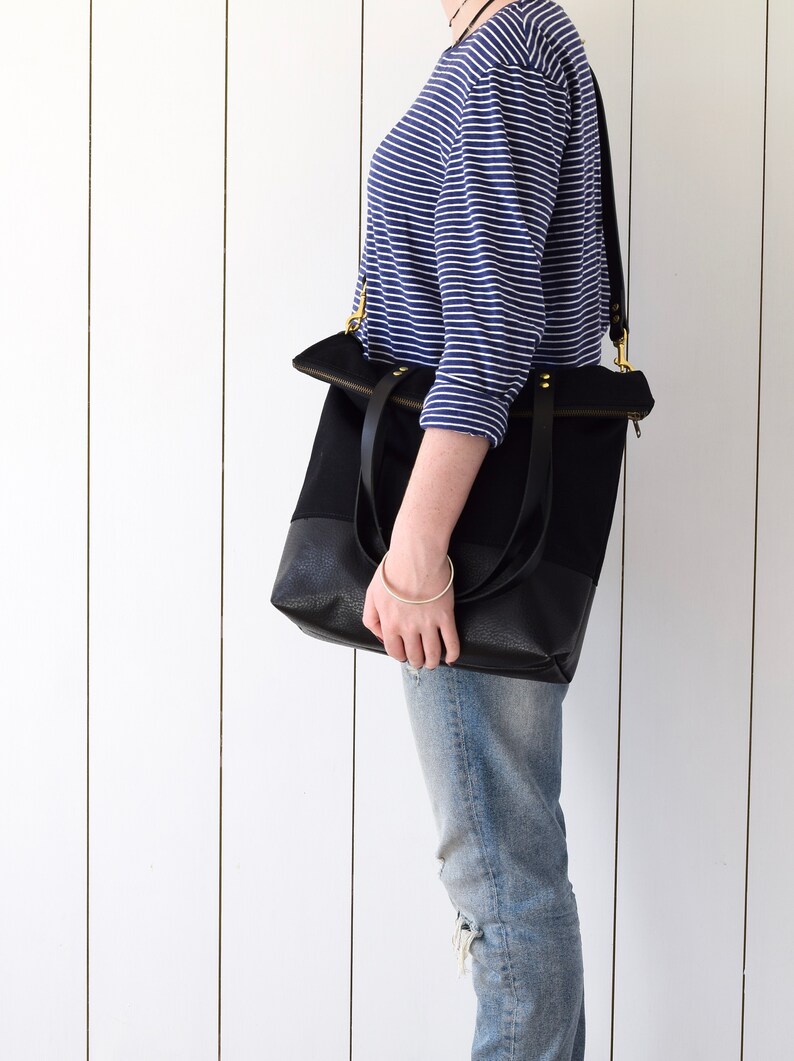 Fold Over Crossbody Black Shoulder Bag Canvas and Leather Etsy Canada