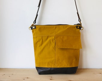 Large crossbody purse bag INCH Ochre Yellow waxed canvas leather base - waterproof zipped adjustable leather strap byHOLMgoods