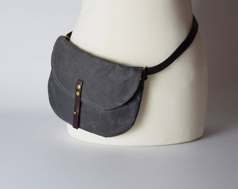 Grey waxed canvas Hip bag / Waist Bag / Belt Bag  / Waterproof Bag / Festival Bag / adjustable leather strap / optional cross body strap